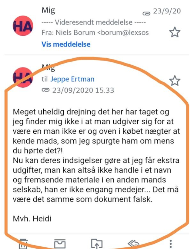 Denne mail sender Heidi Kirkebye Andersen til Ejendomsmælger Jeppe Ermann, da hun erfarer at hendes lejlighed er solgt til et firma som Mads Illum Hansen kontrollerer.